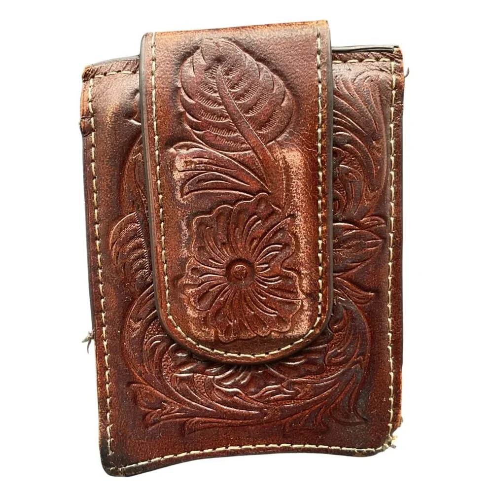 Hand-Tooled Brown Leather Magnetic Ariat Credit Card Wallet Cowboy Western 4